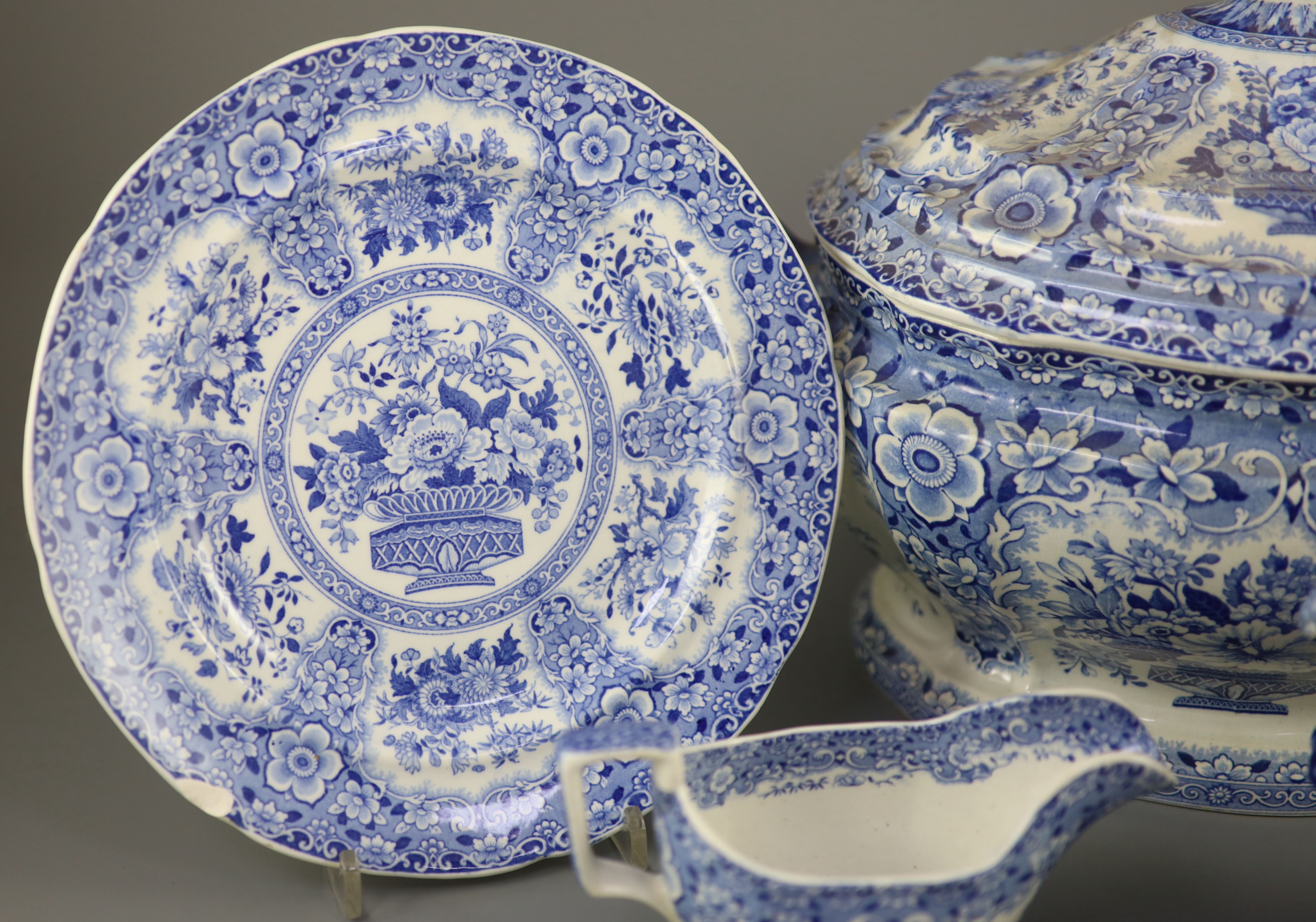 An extensive Minton filigree pattern blue and white dinner service, c.1830,